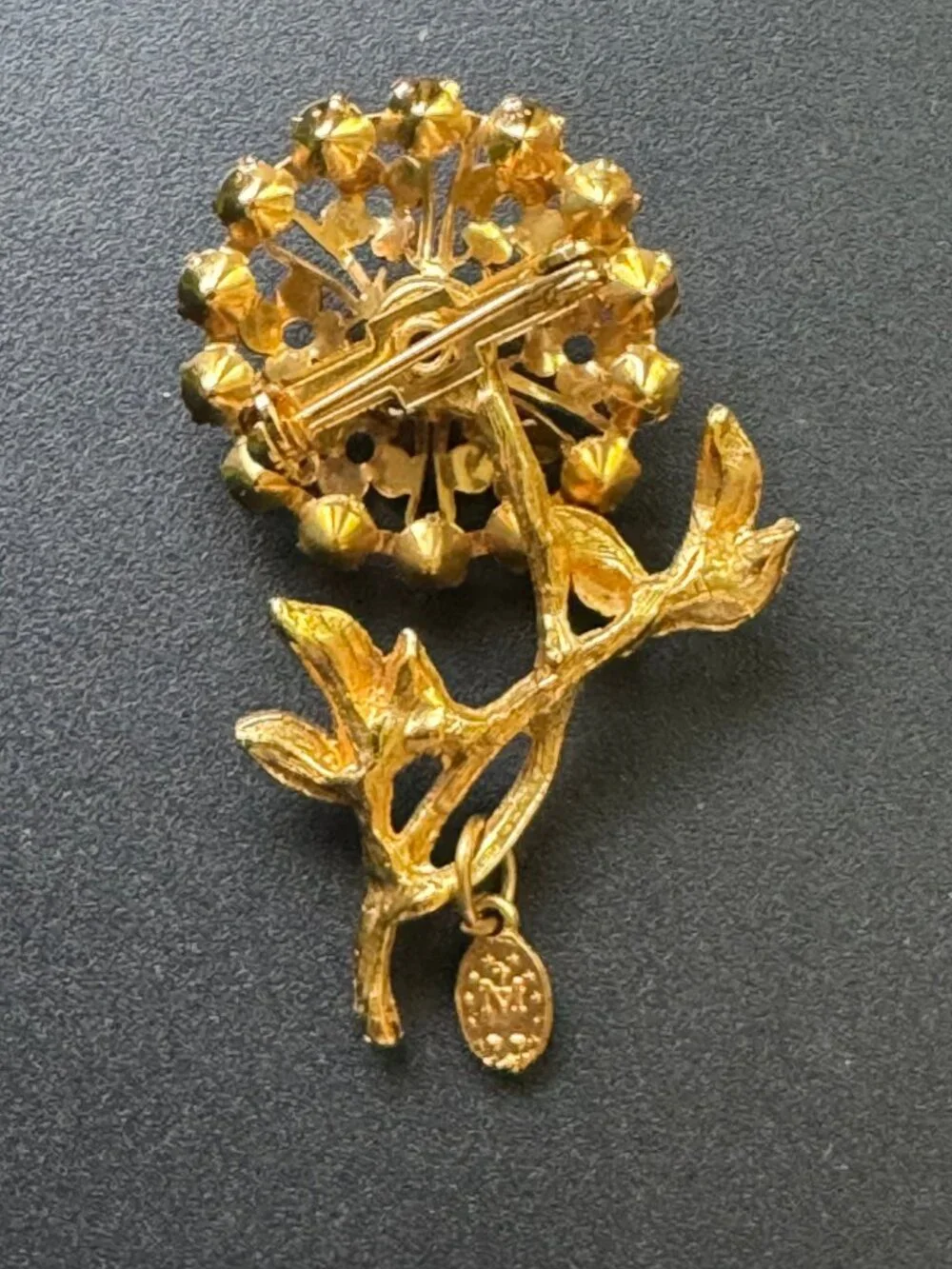 Miraculous Medal Charm Floral Spray Brooch Pink Rhinestone Gold Tone Vintage
